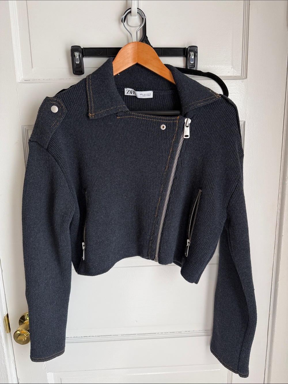 Zara Black Cropped Knit Bomber Jacket with Asymmetric Zip